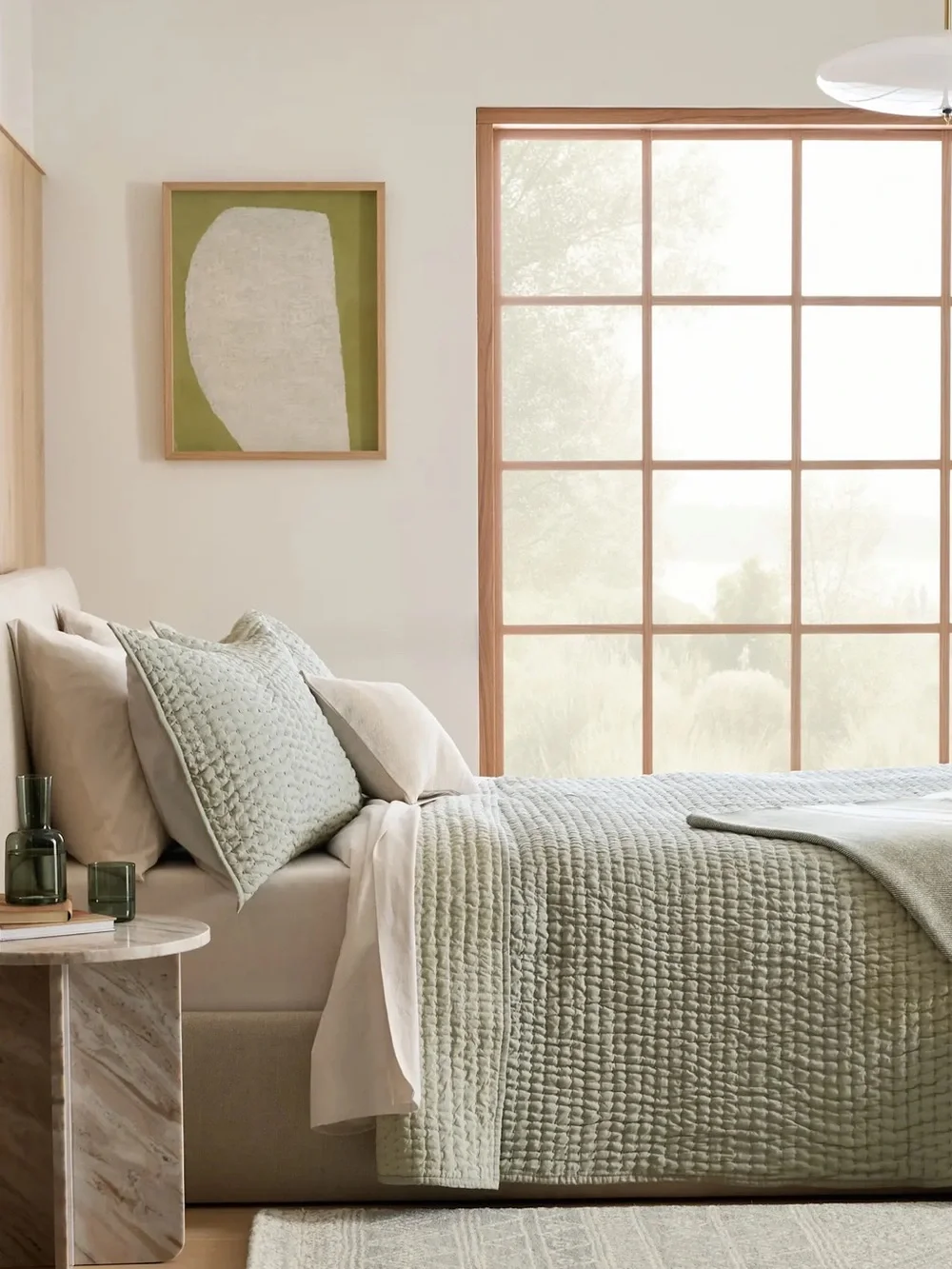 NWT QUINCE Linen Cotton Stitch Quilt Willowleaf Green Full/ Queen